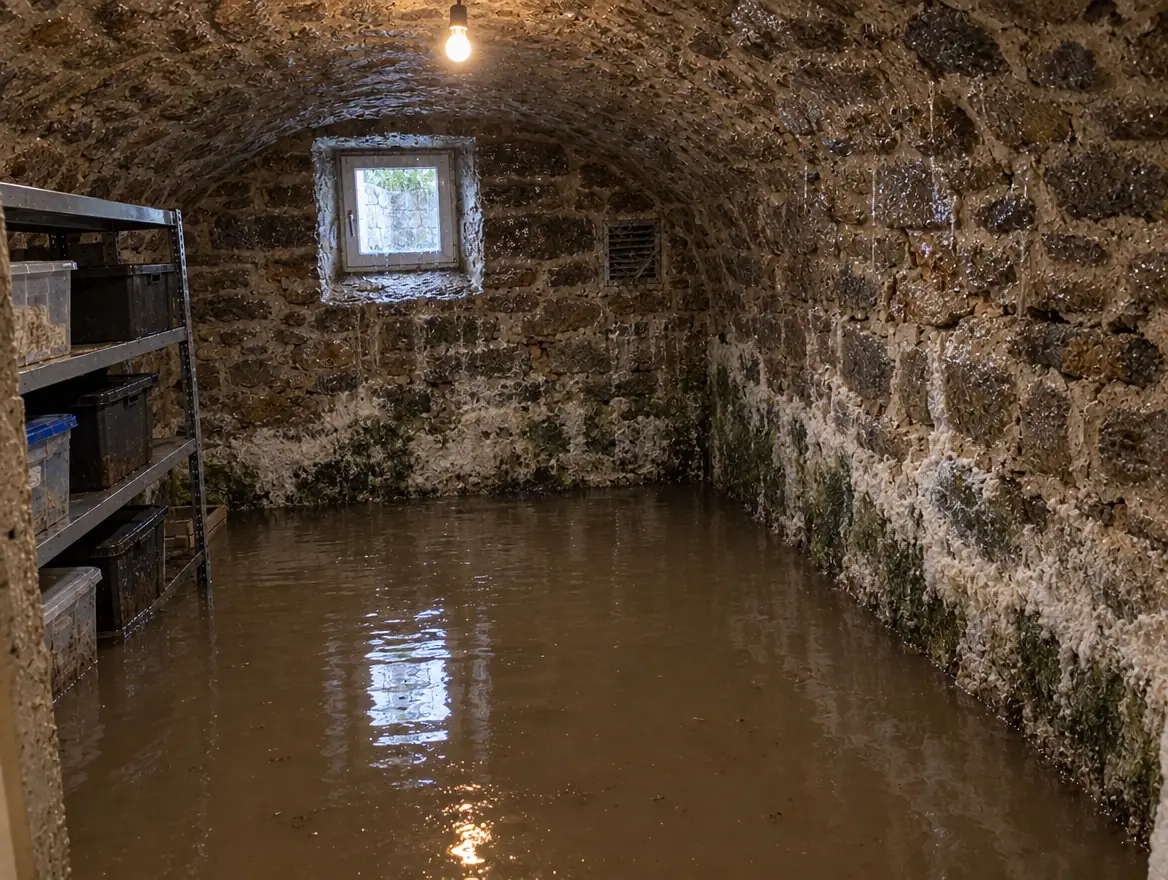 Cave voûtée inondée, murs ruisselants