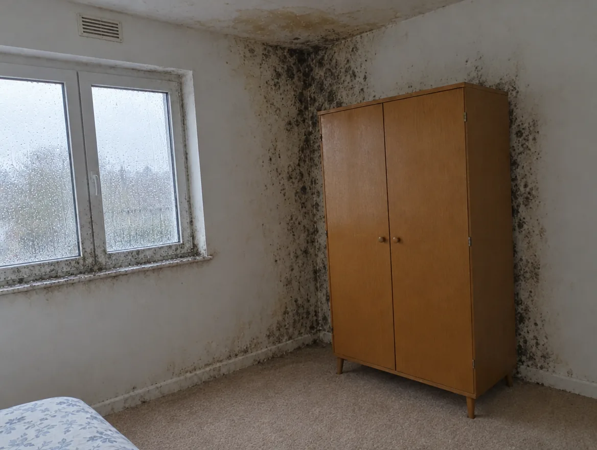 Moisissures au plafond, dans l'angle d'une chambre