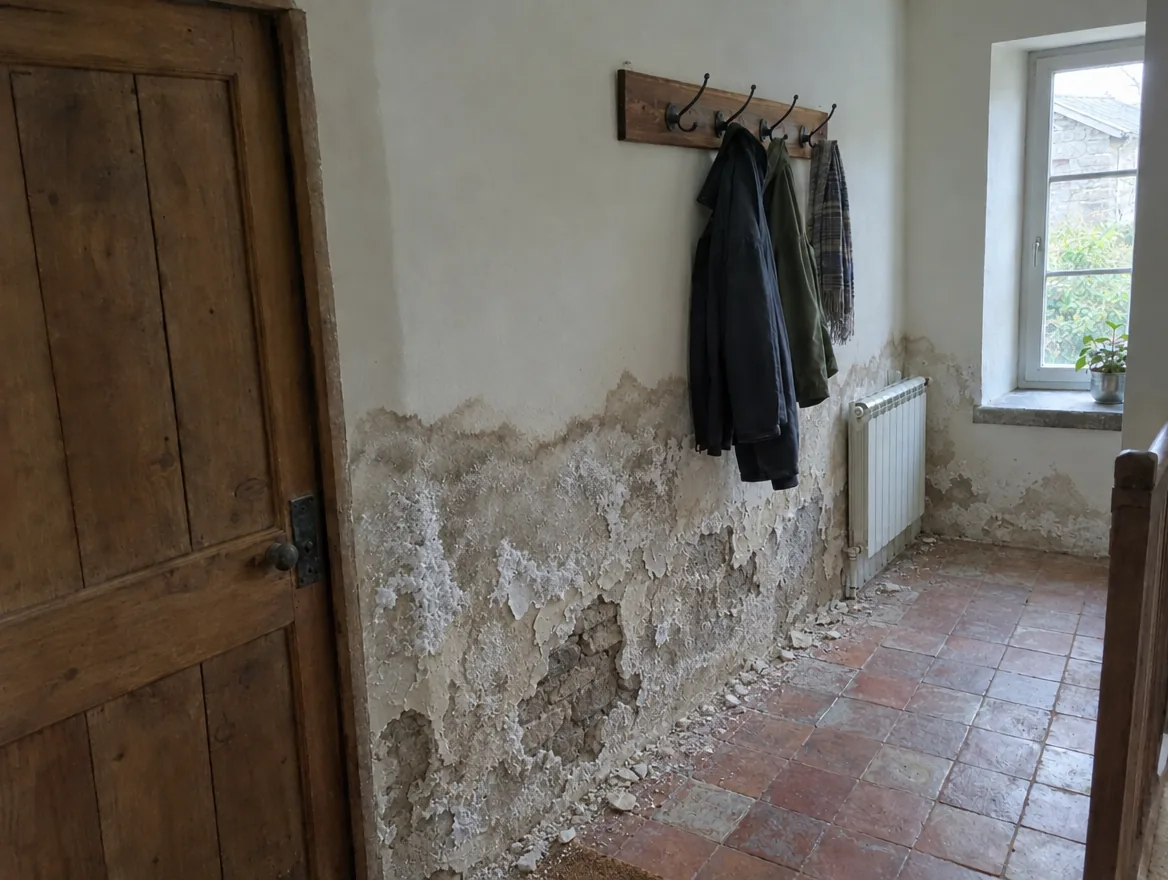 Pied de mur dans une entrée : avant les travaux