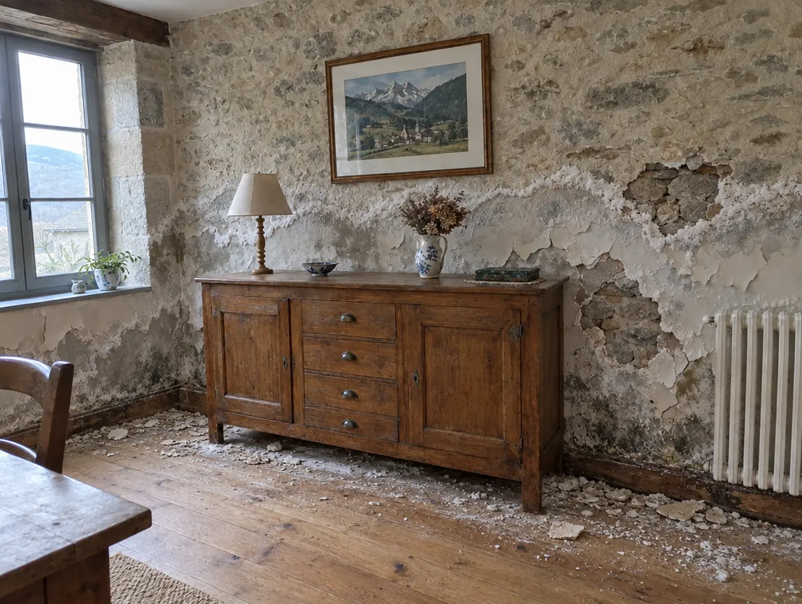 Mur de séjour couvert de salpêtre : avant les travaux